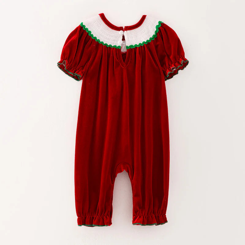 Girls Christmas Green Red Reindeer Santa Embroidery Dress Romper
