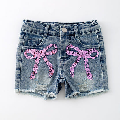 Girls Summer Pink Sequins Bow Denim Short