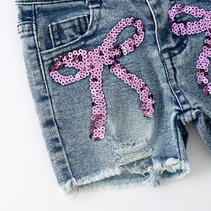 Girls Summer Pink Sequins Bow Denim Short