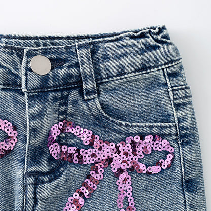 Girls Summer Pink Sequins Bow Denim Short