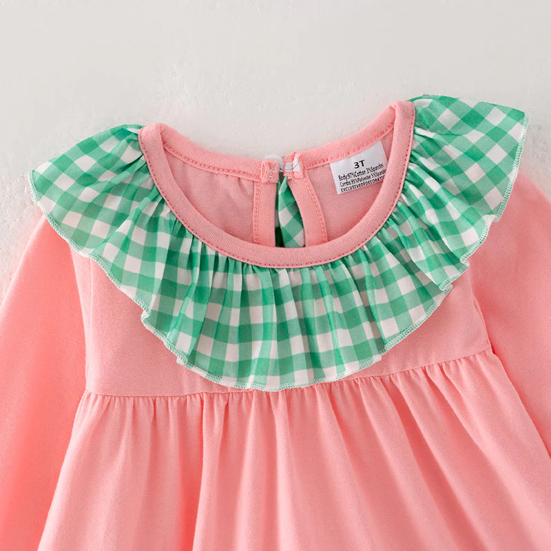 Girls Christmas Santa Cookies Embroidery Pink Green Plaid Set & Dress