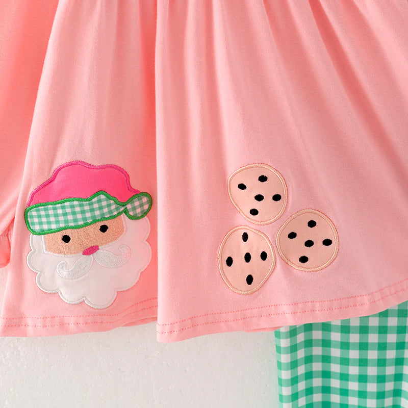Girls Christmas Santa Cookies Embroidery Pink Green Plaid Set & Dress