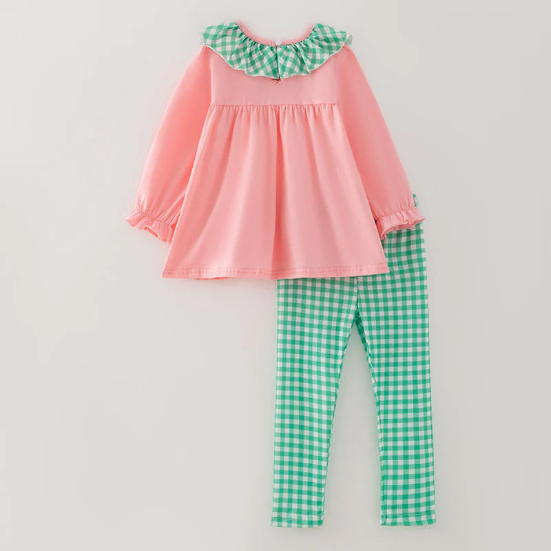 Girls Christmas Santa Cookies Embroidery Pink Green Plaid Set & Dress