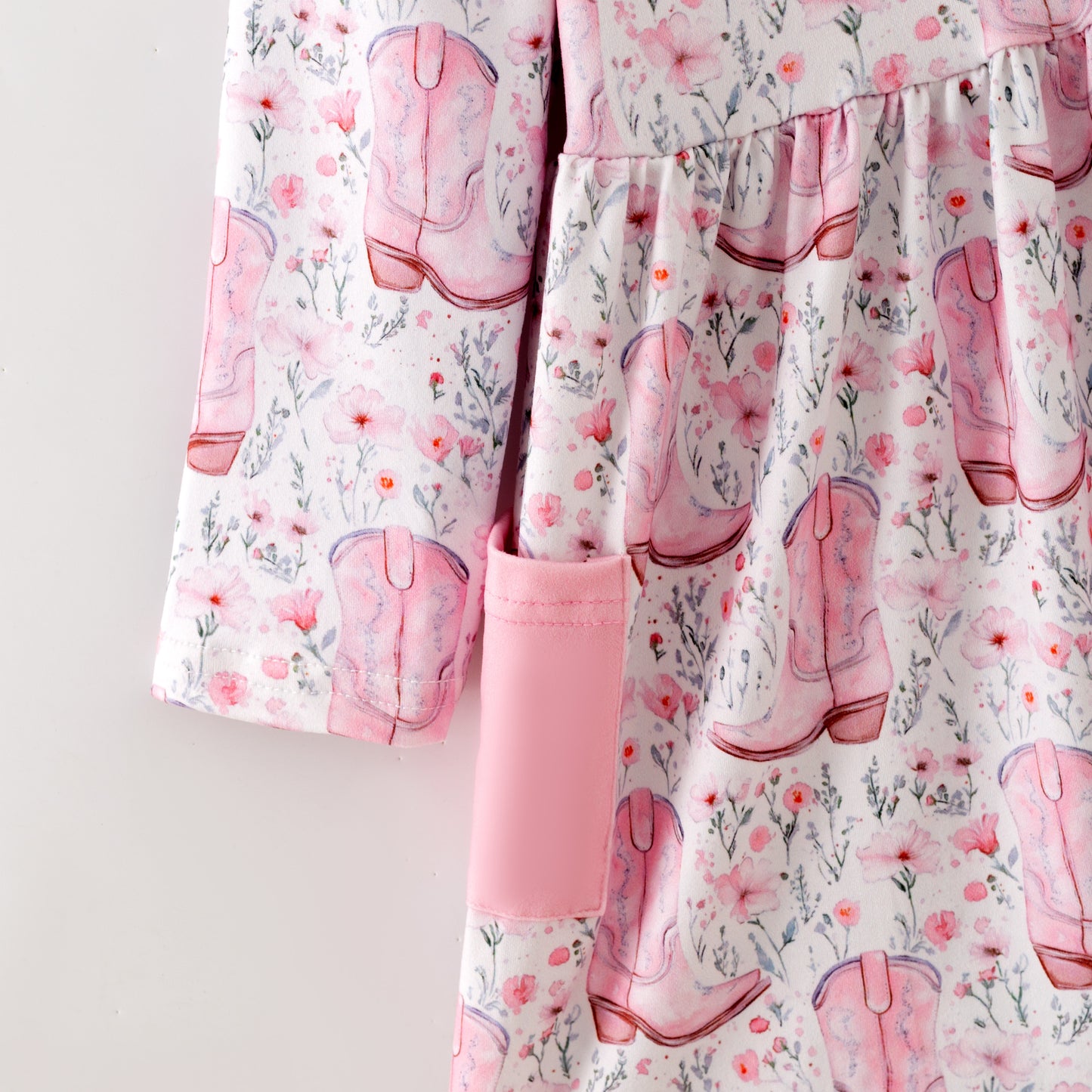 Girls Fall Pink Boots Pocket Long Sleeves Twirl Dress