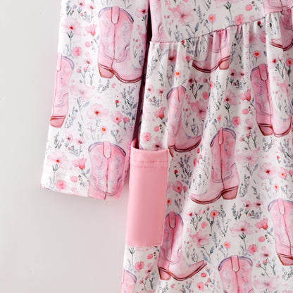 Girls Fall Pink Boots Pocket Long Sleeves Twirl Dress