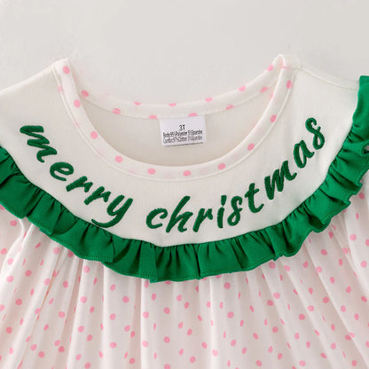 Girls Pink Dot Merry Christmas Embroidery Dress