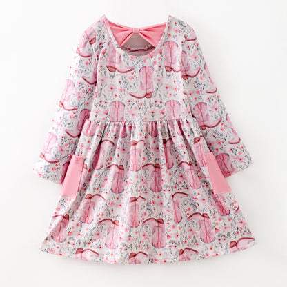 Girls Fall Pink Boots Pocket Long Sleeves Twirl Dress