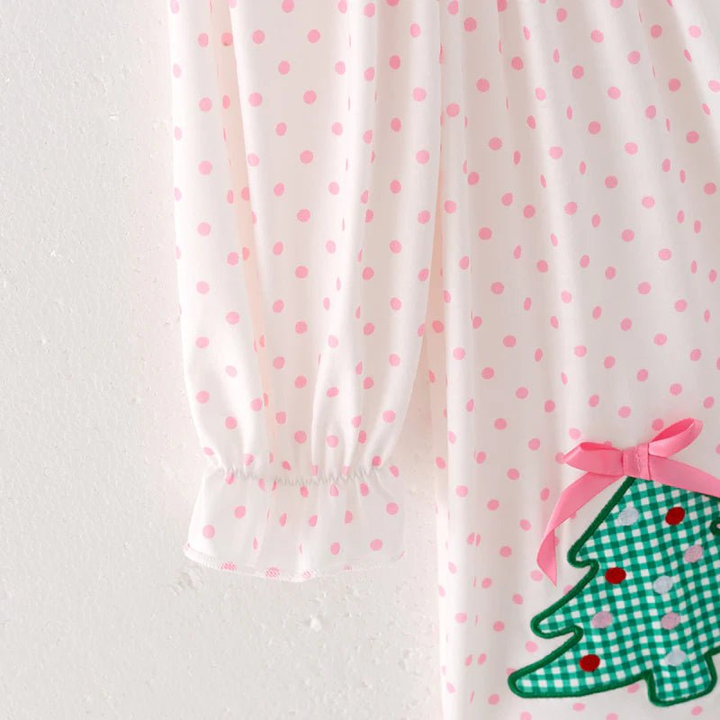 Girls Pink Dot Merry Christmas Embroidery Dress