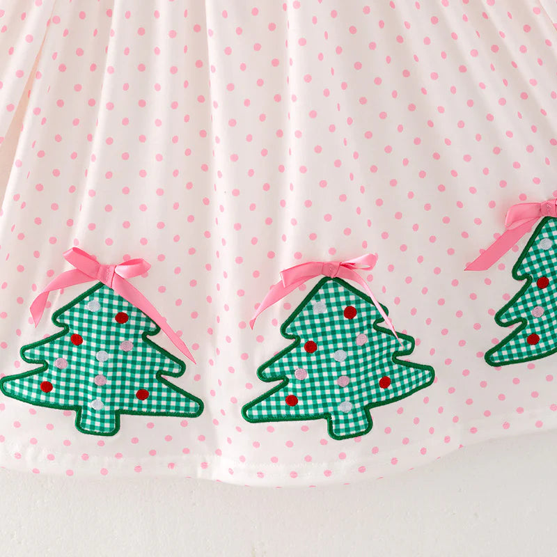 Girls Pink Dot Merry Christmas Embroidery Dress
