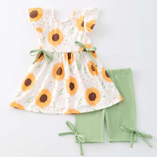 Girls Summer Sunflower Print Lemon Green Short Set