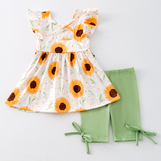 Girls Summer Sunflower Print Lemon Green Short Set