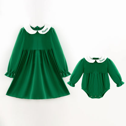 Green Corduroy Personalized Christmas Sibling Clothes – Custom Name Embroidery