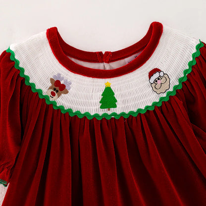 Girls Christmas Green Red Reindeer Santa Embroidery Dress Romper
