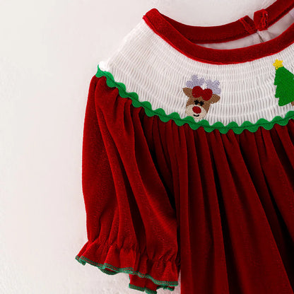 Girls Christmas Green Red Reindeer Santa Embroidery Dress Romper