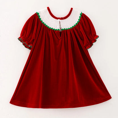 Girls Christmas Green Red Reindeer Santa Embroidery Dress Romper