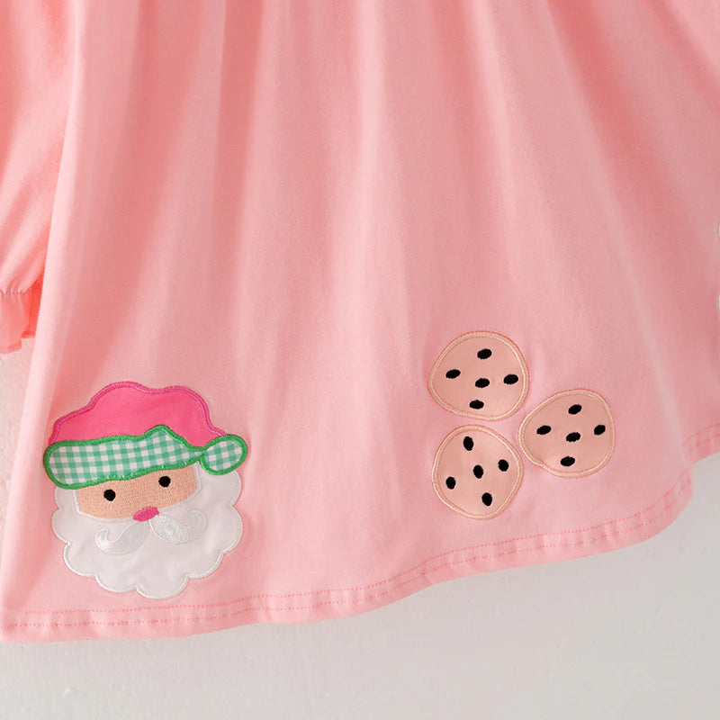 Girls Christmas Santa Cookies Embroidery Pink Green Plaid Set & Dress