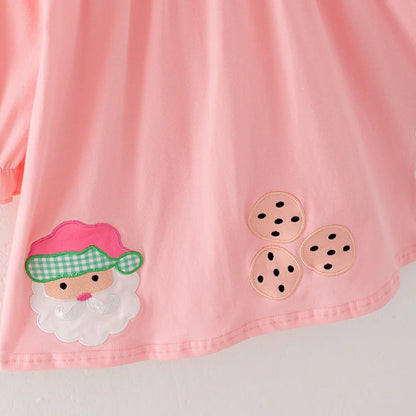 Girls Christmas Santa Cookies Embroidery Pink Green Plaid Set & Dress