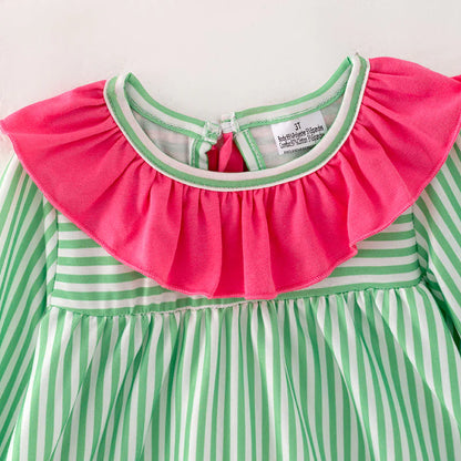 Girls Reindeer Christmas Tree Santa Embroidery Green Stripes Dress & Pant Set