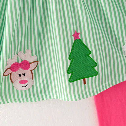Girls Reindeer Christmas Tree Santa Embroidery Green Stripes Dress & Pant Set