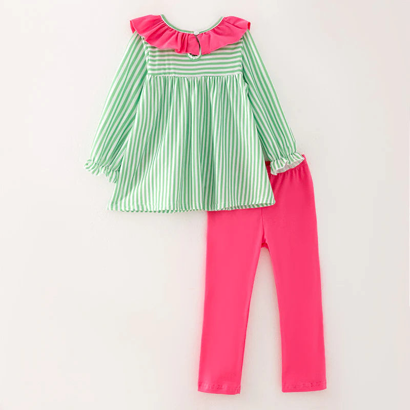 Girls Reindeer Christmas Tree Santa Embroidery Green Stripes Dress & Pant Set