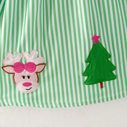 Girls Reindeer Christmas Tree Santa Embroidery Green Stripes Dress & Pant Set