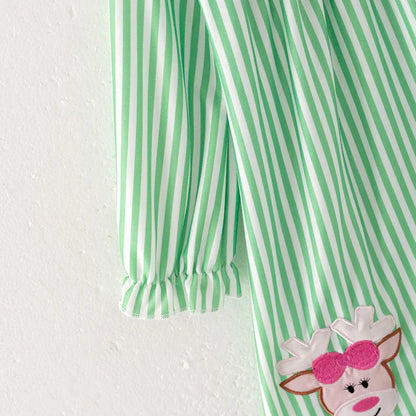 Girls Reindeer Christmas Tree Santa Embroidery Green Stripes Dress & Pant Set