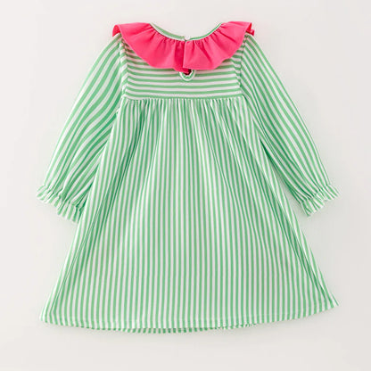 Girls Reindeer Christmas Tree Santa Embroidery Green Stripes Dress & Pant Set