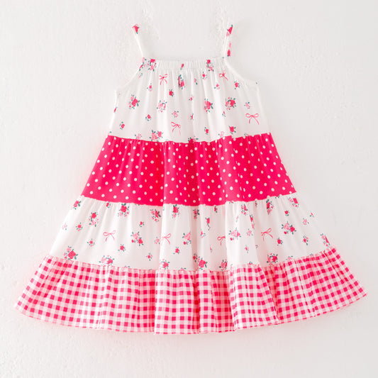 Girls Summer Floral Dot Plaid Patchwork Fashion Dress