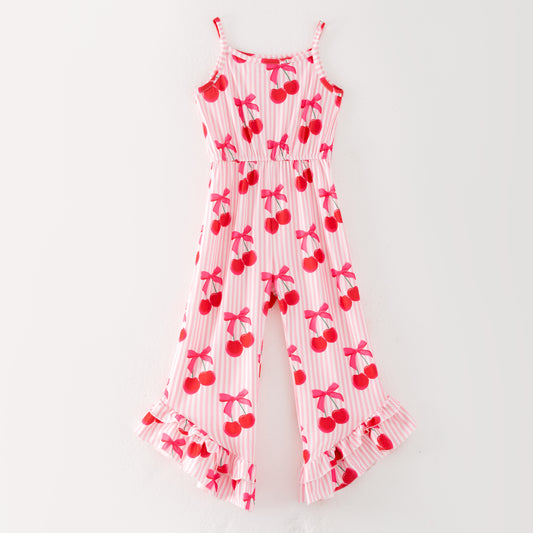 Girls Summer Cherry Bow Stripes Red Jumpsuit