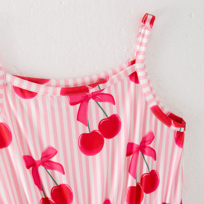 Girls Summer Cherry Bow Stripes Red Jumpsuit