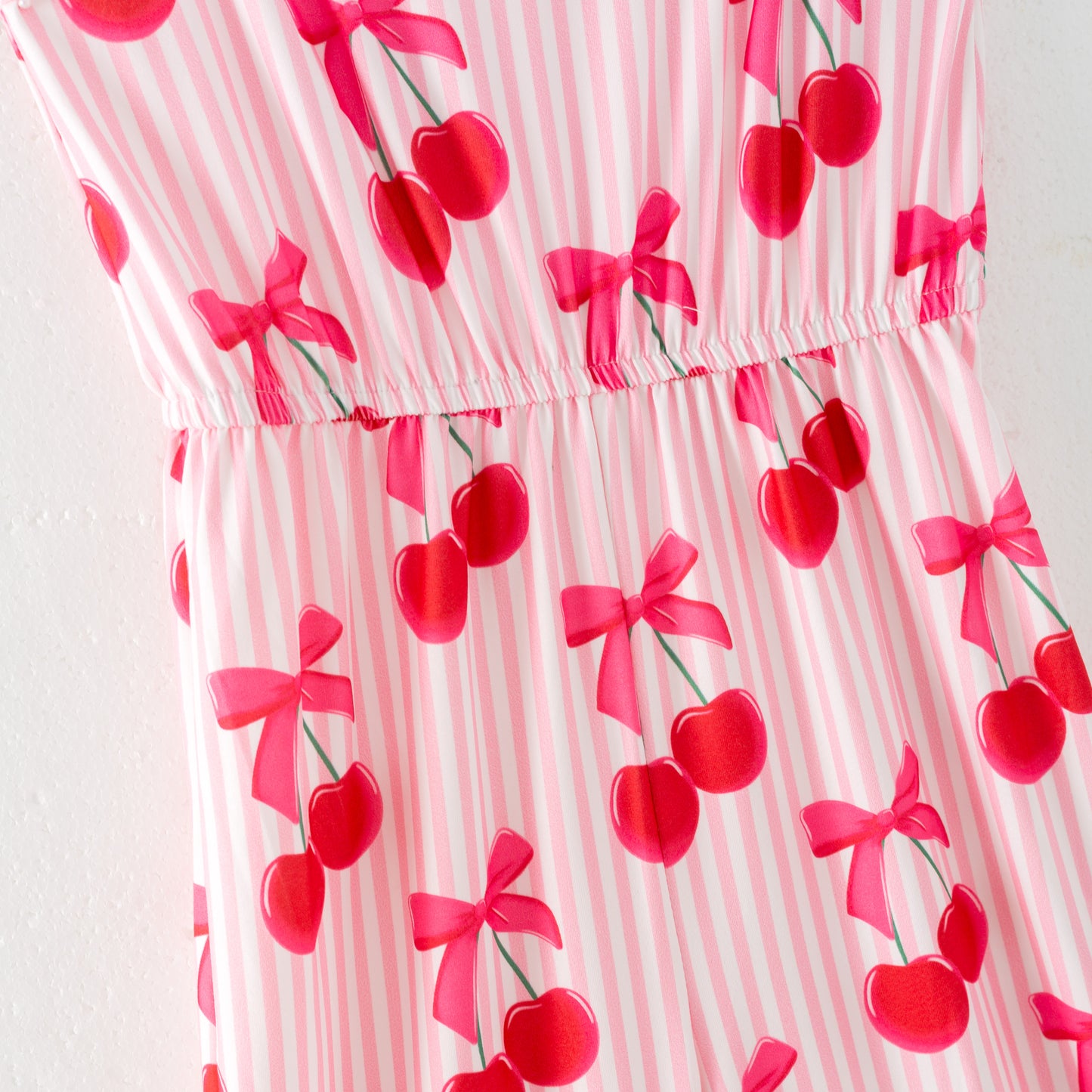 Girls Summer Cherry Bow Stripes Red Jumpsuit