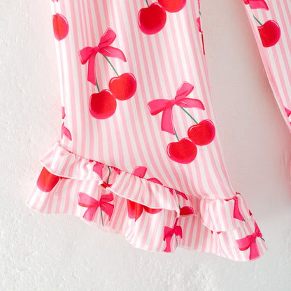 Girls Summer Cherry Bow Stripes Red Jumpsuit