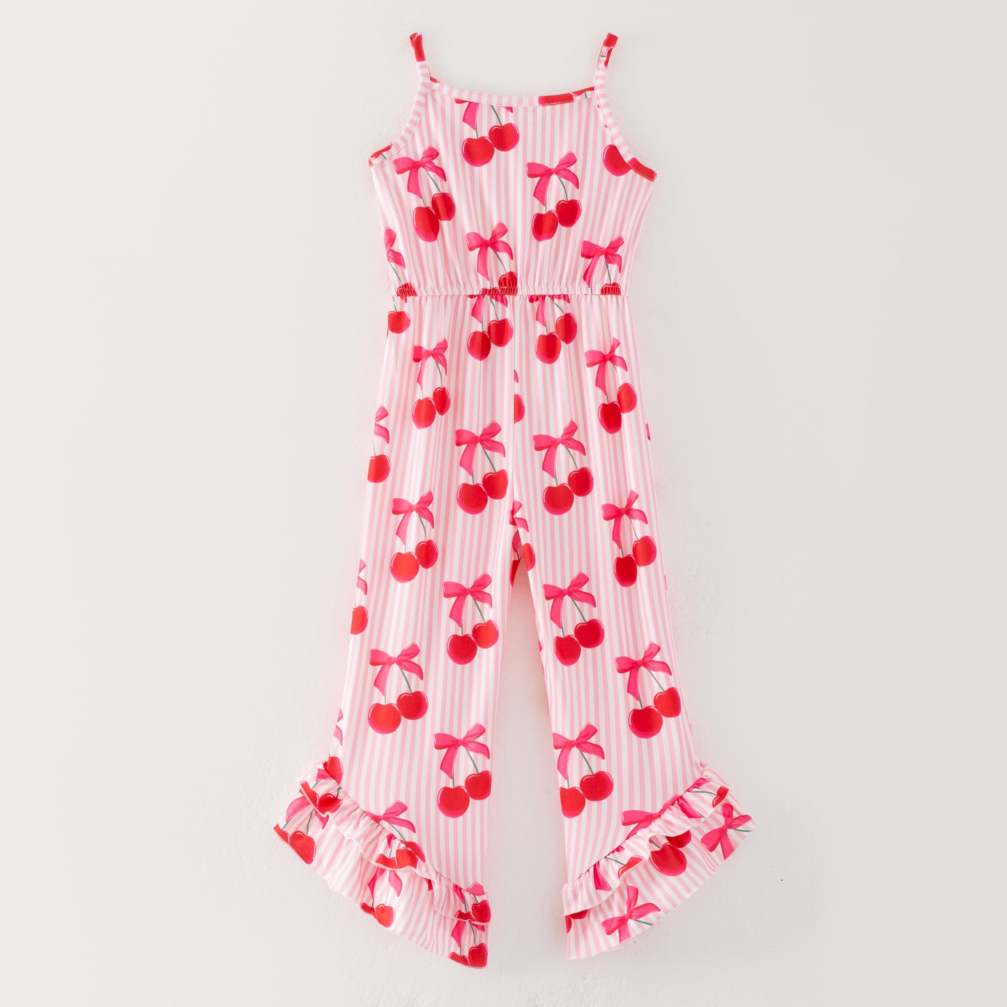 Girls Summer Cherry Bow Stripes Red Jumpsuit