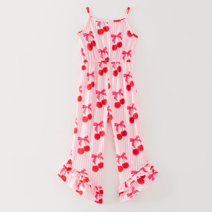 Girls Summer Cherry Bow Stripes Red Jumpsuit