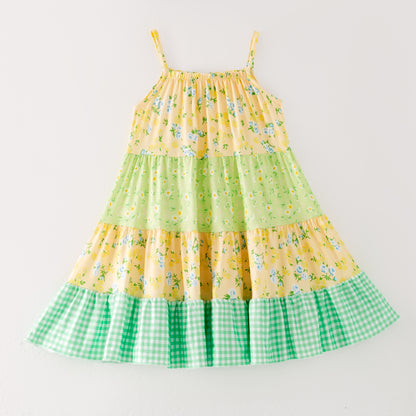 Girls Summer Yellow Green Floral Patchwork Fashion Dress
