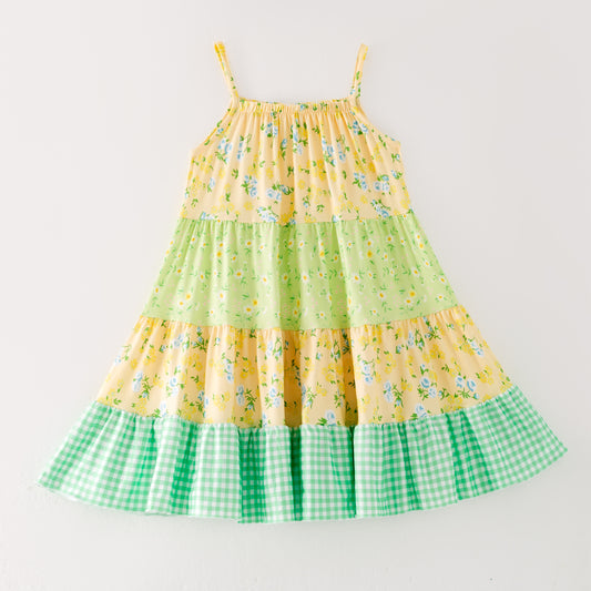 Girls Summer Yellow Green Floral Patchwork Fashion Dress