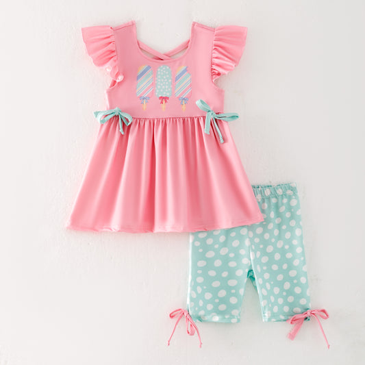 Girls Summer Popsicle Print Pink Bow Mint Dot Short Set