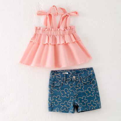 Girls Summer Coral Slip Top Flower Print Denim Short Set
