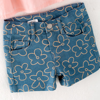Girls Summer Coral Slip Top Flower Print Denim Short Set