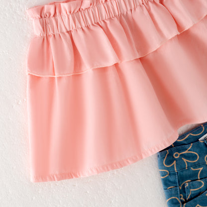 Girls Summer Coral Slip Top Flower Print Denim Short Set