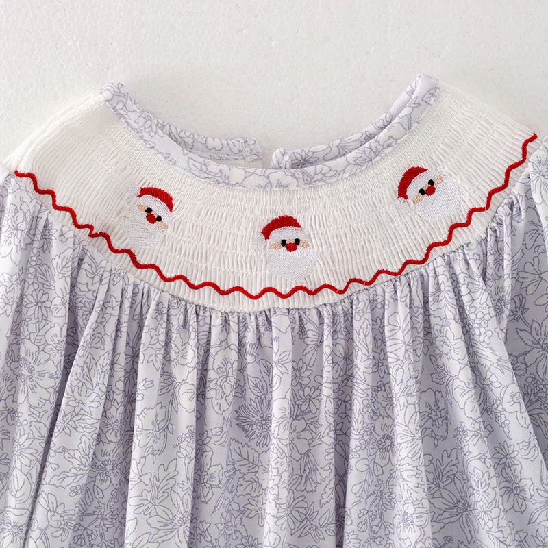 Girls Christmas Santa Embroidery Smocked Pant Set & Romper