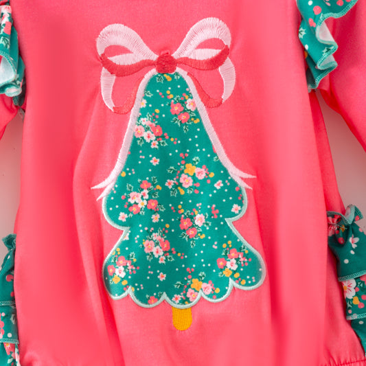 Baby Girls Christmas Tree Print Ruffled Long Sleeves Romper