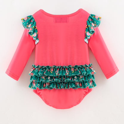 Baby Girls Christmas Tree Print Ruffled Long Sleeves Romper