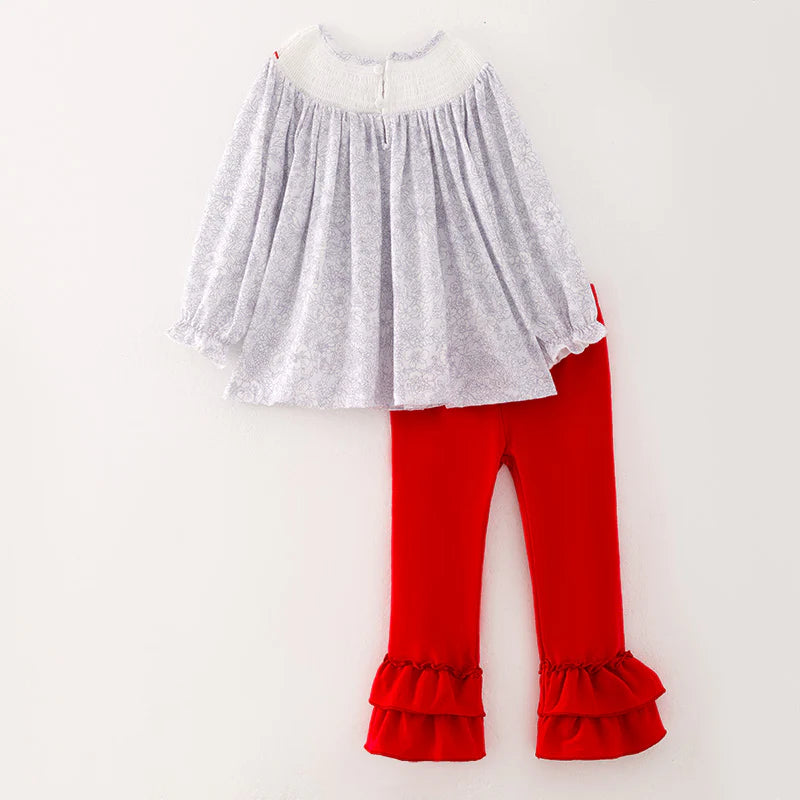 Girls Christmas Santa Embroidery Smocked Pant Set & Romper