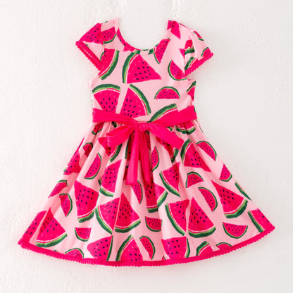 Girls Summer Watermelon Print Hot Pink Twirl Dress