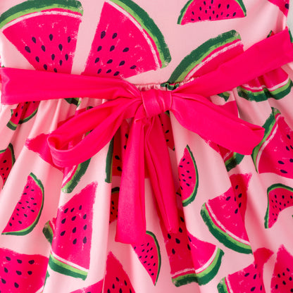 Girls Summer Watermelon Print Hot Pink Twirl Dress