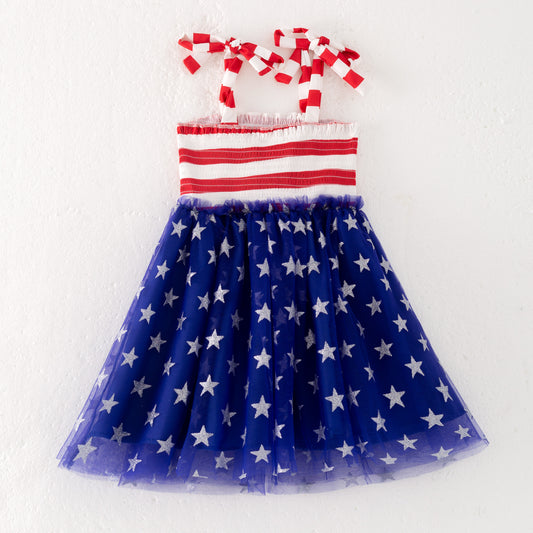 Girls July 4th Red Stripes Smocked Blue Star Tulle Dress