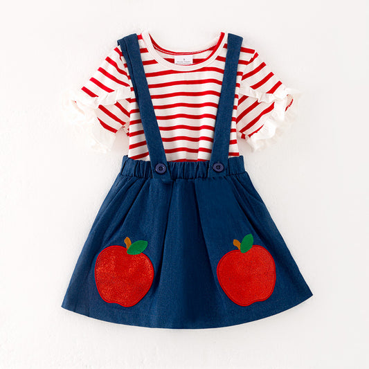 Girls Summer Apple Applique Back To School Suspenders Skirt Set