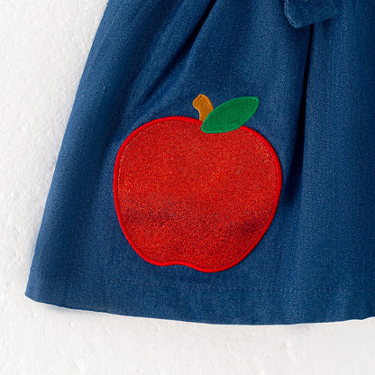 Girls Summer Apple Applique Back To School Suspenders Skirt Set