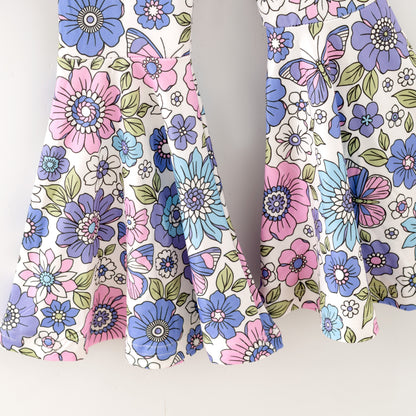 Girls Fall Purple Velvet Top & Floral Bell-Bottom Set